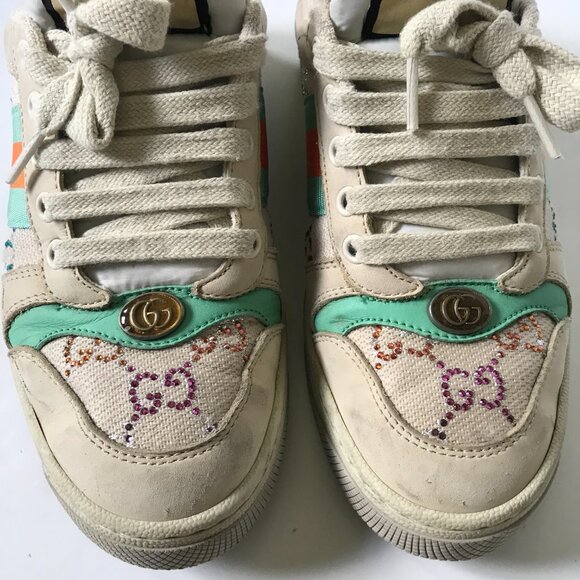 Gucci GG Screener Panelled Leather Trainers Sneakers Womens 36 6 Cream Green - Picture 6 of 11